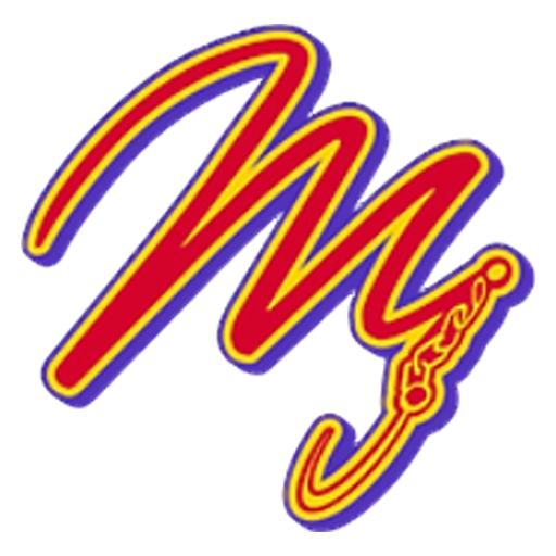 Red cursive letter M with yellow outline and purple shadow on transparent background