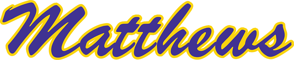 Purple cursive word “Matthews” with a yellow outline on a transparent background