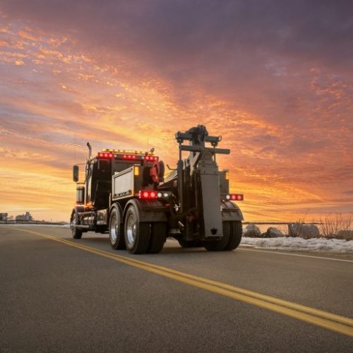 Tow truck on a coastal road at sunset, rear lights glowing, with ocean and winter shoreline under a dramatic sky